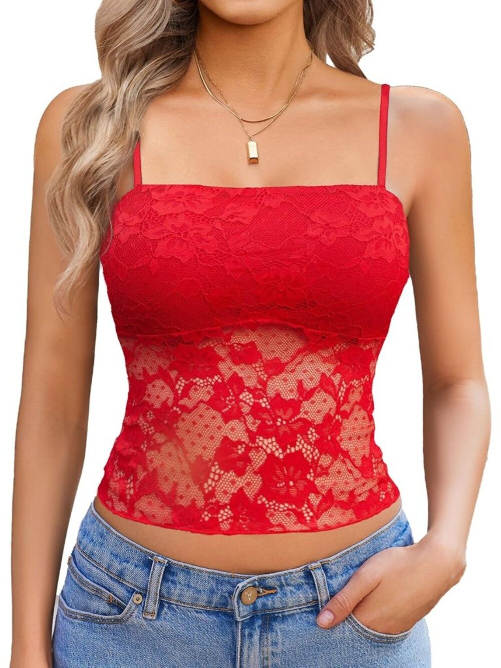 Women's Red Floral Mesh Lace Crop Camisole Lined Bust Sheer Summer Tank Top
